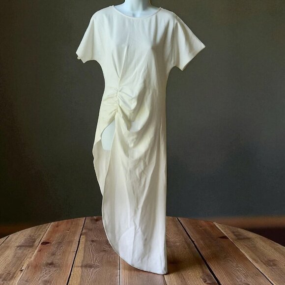 GRACIA Cream Asymmetrical Shirred Hi-Low Slit Blouse Shirt  -M - Picture 2 of 8
